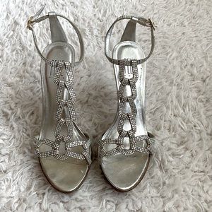 Pelle Moda 5 inch Platinum Gold Ankle Strap Sandals with Iridescent Stone Detail